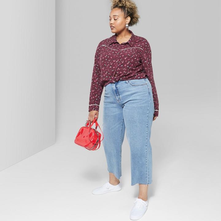 Women's Plus Size Long Sleeve Button-down Tie Front Floral Western Top - Wild Fable Burgundy