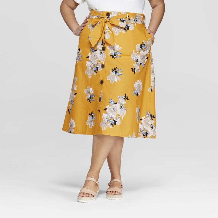 Women's Plus Size Floral Midi Button Front Skirt - Ava & Viv Yellow