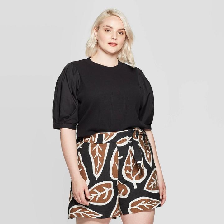 Women's Plus Size Puff Elbow Sleeve Scoop Neck T-shirt - Who What Wear Black