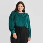 Women's Plus Size Polka Dot Long Sleeve Blouse - A New Day Green