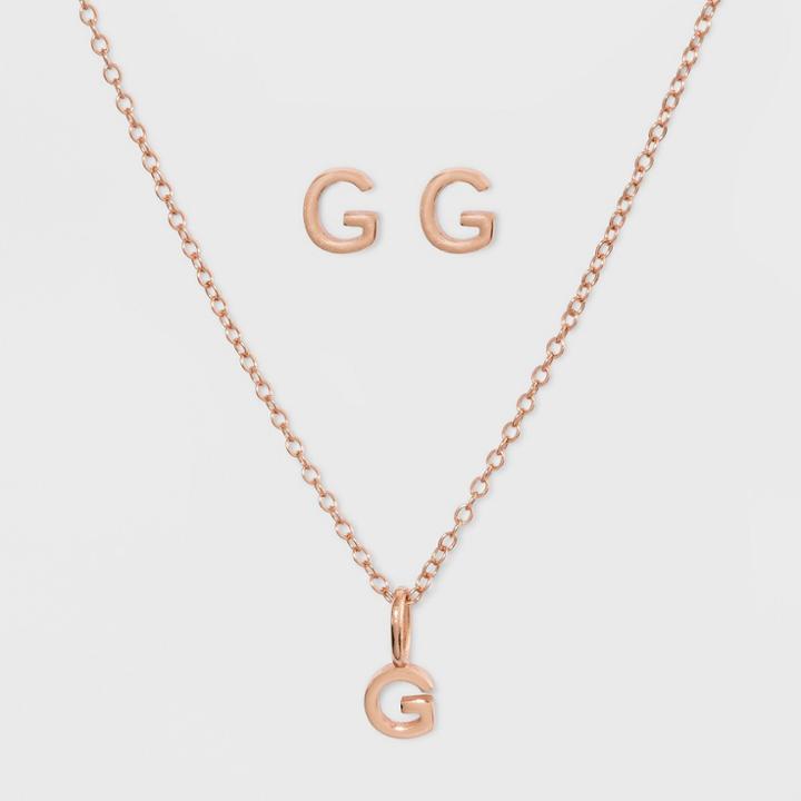 Sterling Silver Initial G Earrings And Necklace Set - A New Day Rose Gold, Girl's, Rose Gold - G