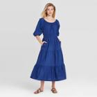 Women's Puff Elbow Sleeve Tiered Dress - A New Day Blue