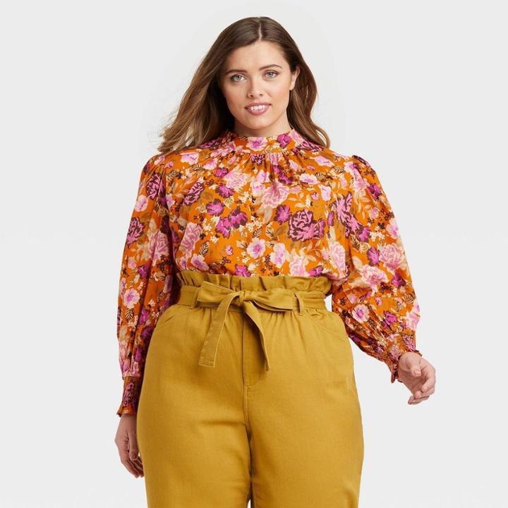 Women's Plus Size Puff Long Sleeve Boat Neck Top - Who What Wear Orange Floral
