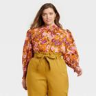 Women's Plus Size Puff Long Sleeve Boat Neck Top - Who What Wear Orange Floral