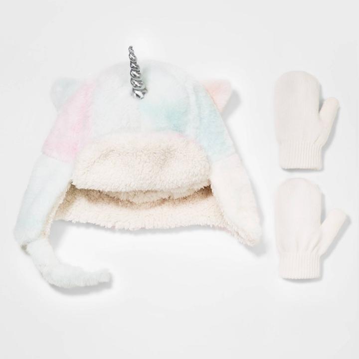 Toddler Girls' 2pk Fuzzy Unicorn Trapper With Mittens - Cat & Jack 12-24m, Ivory/silver