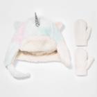 Toddler Girls' 2pk Fuzzy Unicorn Trapper With Mittens - Cat & Jack 12-24m, Ivory/silver