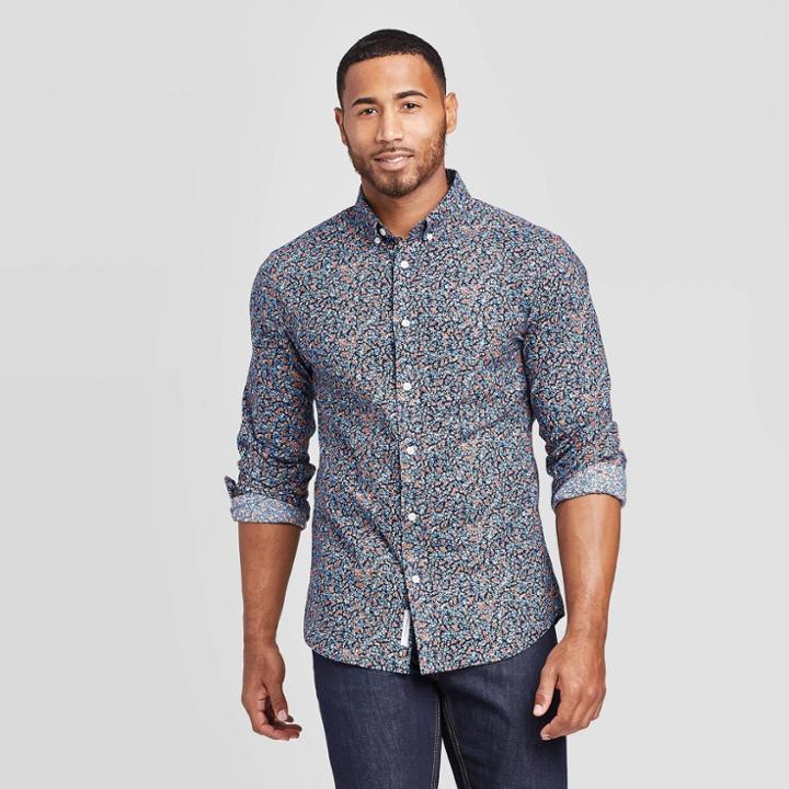 Men's Floral Print Slim Fit Long Sleeve Button-down Shirt  Goodfellow & Co Blue S, Men's,