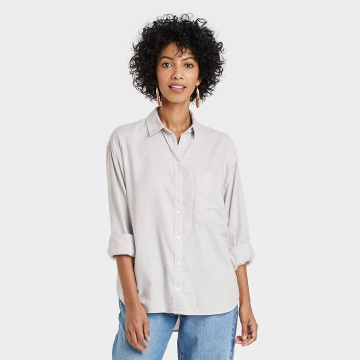 Women's Long Sleeve Button-down Boyfriend Shirt - A New Day Gray