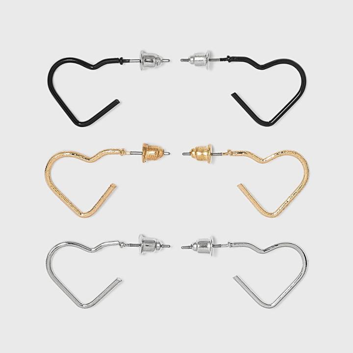 Heart Mini Hoop Earring Set 3pc - Wild Fable , Black/gold/nickel