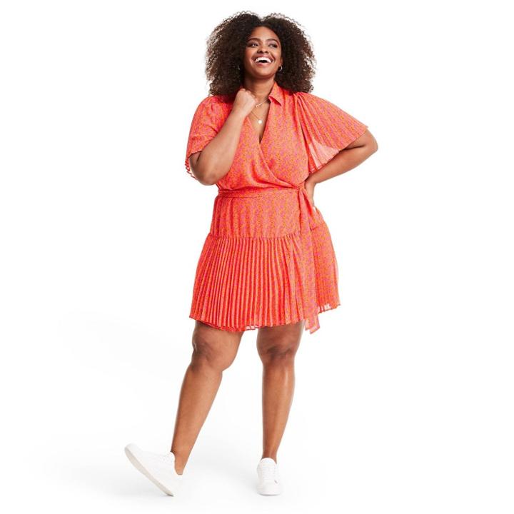 Plus Size Floral Flutter Sleeve Pleated Wrap Dress - Alexis For Target Orange
