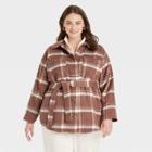 Women's Plus Size Plaid Belted Shirt Jacket - A New Day Brown Plaid