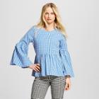 Women's Gingham Long Sleeve Billowy Pullover - Who What Wear Blue S, Blue Gingham
