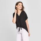 Women's Tie Front Short Sleeve Blouse - Universal Thread Black