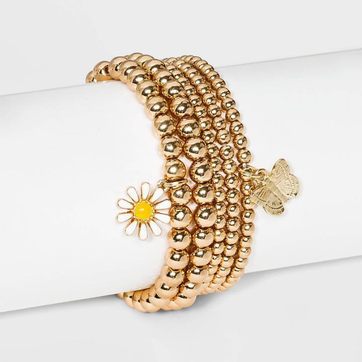 Flower And Butterfly Charm Stretch Bracelet Set 5pc - Wild Fable Gold