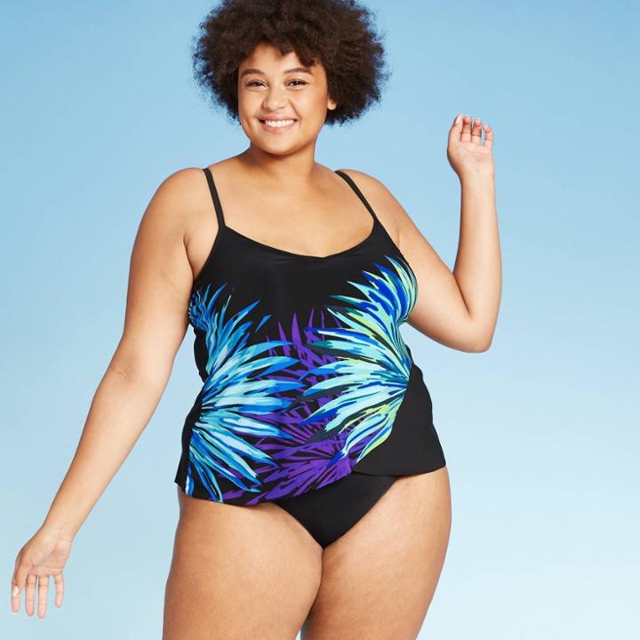 Women's Plus Size Drape Front Tankini Top - Aqua Green Black