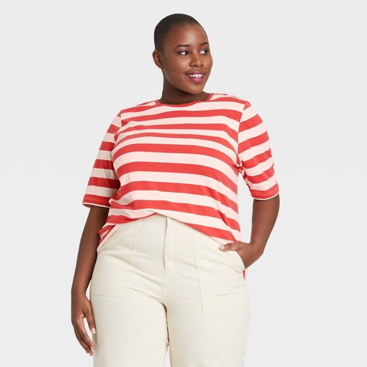 Women's Plus Size Striped Elbow Sleeve T-shirt - Who What Wear Paprika Red