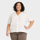 Women's Plus Size 3/4 Sleeve Gauze Button-down Shirt - Knox Rose White