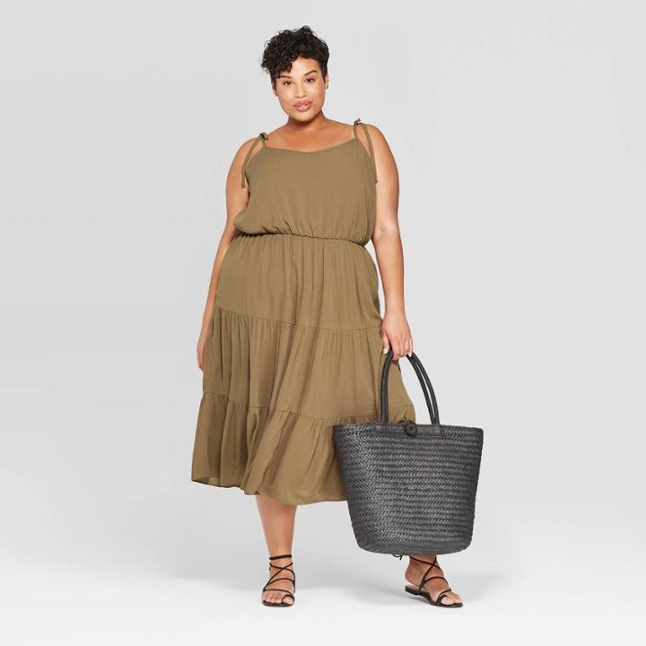 Women's Plus Size Sleeveless V-neck Tiered Gauze Maxi Dress - Ava & Viv Olive (green)