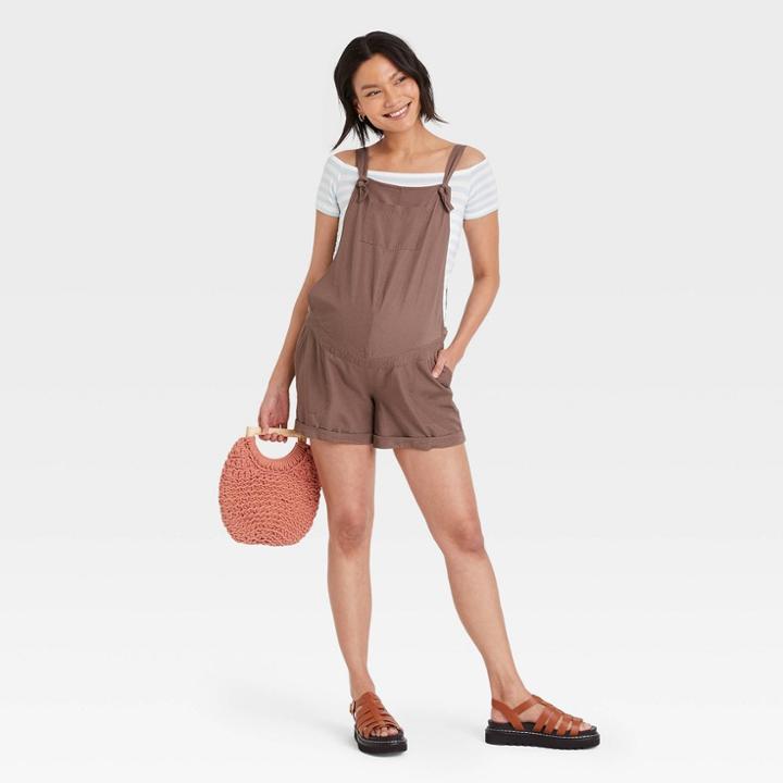 Twill Maternity Shortalls - Isabel Maternity By Ingrid & Isabel Dark Brown
