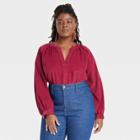 Women's Plus Size Long Sleeve Relaxed Fit Everyday Blouse - Universal Thread Red