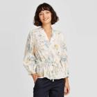 Women's Floral Print Long Sleeve Tie Waist Blouse - A New Day Cream Xs, Women's, Ivory