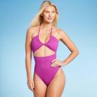 Women's Ribbed Halter Cut Out One Piece Swimsuit - Shade & Shore Magenta