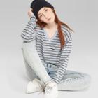 Women's Striped Long Sleeve V-neck Boxy Hacci Top - Wild Fable Heather Gray