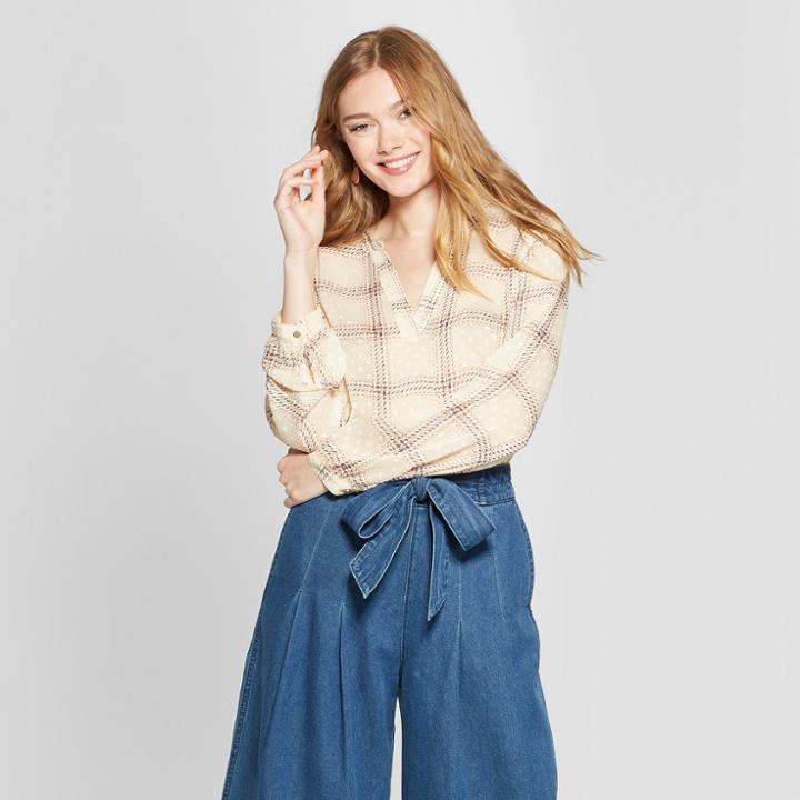 Women's Plaid Long Sleeve Blouse - A New Day Pink