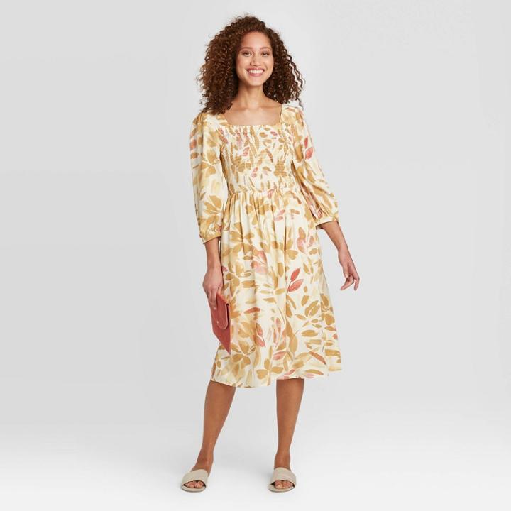 Women's Floral Print 3/4 Sleeve Smocked Dress - A New Day Cream Xs, Women's, White