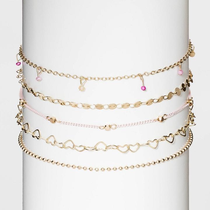 Spray Chain And Hearts Multi Choker Necklace 5pc - Wild Fable Gold