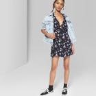 Women's Short Ruched Sleeve Floral V-neck Button Dress - Wild Fable Black