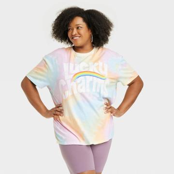 General Mills Women's Plus Size Lucky Charms Oversized Short Sleeve Graphic T-shirt - Tie-dye