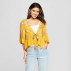Women's Floral Print Short Sleeve Tie Front Kimono Jacket - Xhilaration Deep Saffron