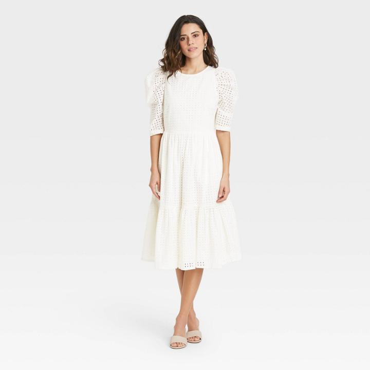 Women's Elbow Sleeve Eyelet Dress - A New Day White