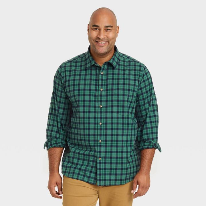 Men's Tall Plaid Casual Fit Poplin Long Sleeve Button-down Shirt - Goodfellow & Co Jade/plaid Lt, Green/plaid