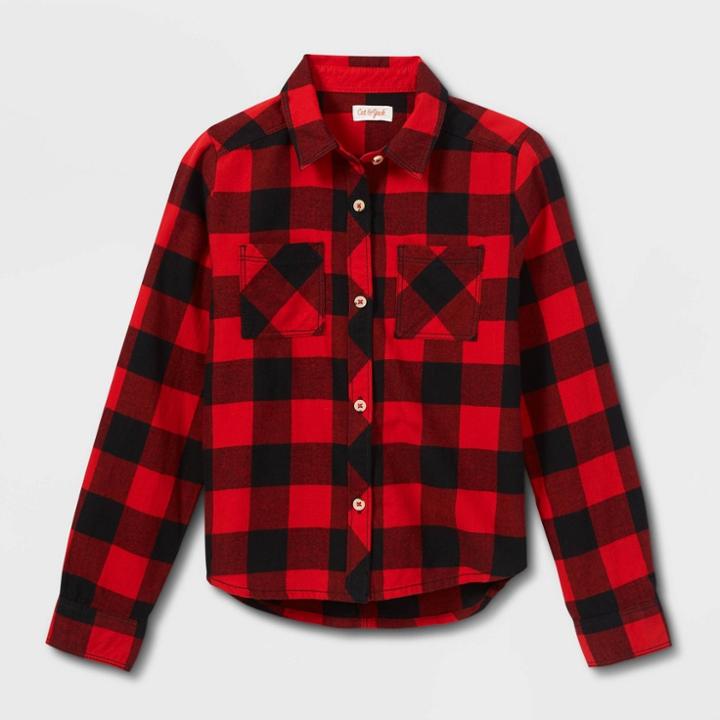 Girls' Long Sleeve Woven Button-down Shirt - Cat & Jack Red/black
