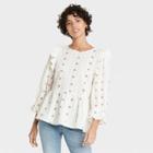 Women's Floral Print Puff 3/4 Sleeve Embroidered Ruffle Top - Universal Thread Cream