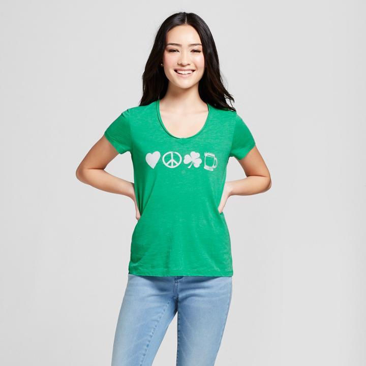 Women's St. Patrick's Day Clover Printed Short Sleeve V-neck Graphic T-shirt - Grayson Threads (juniors') - Green