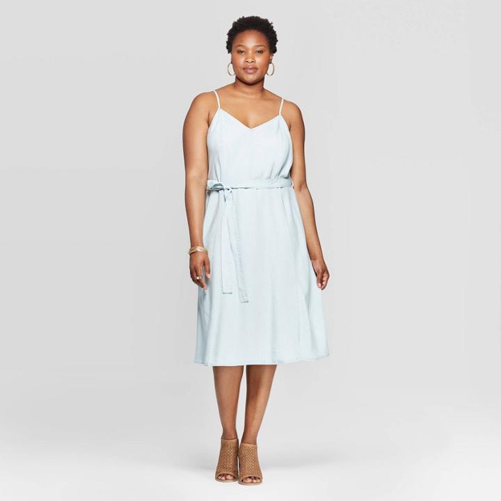 Women's Plus Size Sleeveless V-neck Belted Denim Dress - Universal Thread Light Wash X, Blue