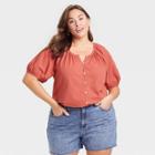 Women's Plus Size Puff Short Sleeve Button-front Blouse - Universal Thread Rust