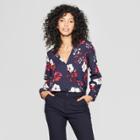 Women's Long Sleeve Floral V-neck Blouse - A New Day Navy