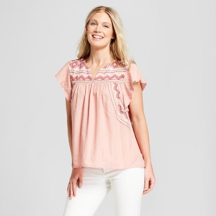 Women's Pinstripe Short Sleeve Embroidered Top - Knox Rose Peach