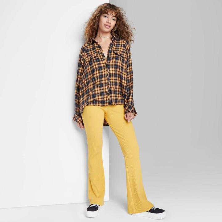 Women's Raglan Long Sleeve Button-down Hi-low Flannel Shirt - Wild Fable Yellow Plaid