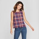 Women's Short Sleeve Plaid Button Front Blouse - Universal Thread Navy