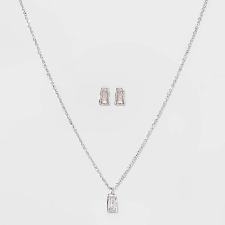 Sterling Silver Rectangle Cubic Zirconia Pendant Necklace Earring Set - A New Day Metallic