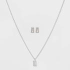 Sterling Silver Rectangle Cubic Zirconia Pendant Necklace Earring Set - A New Day Metallic
