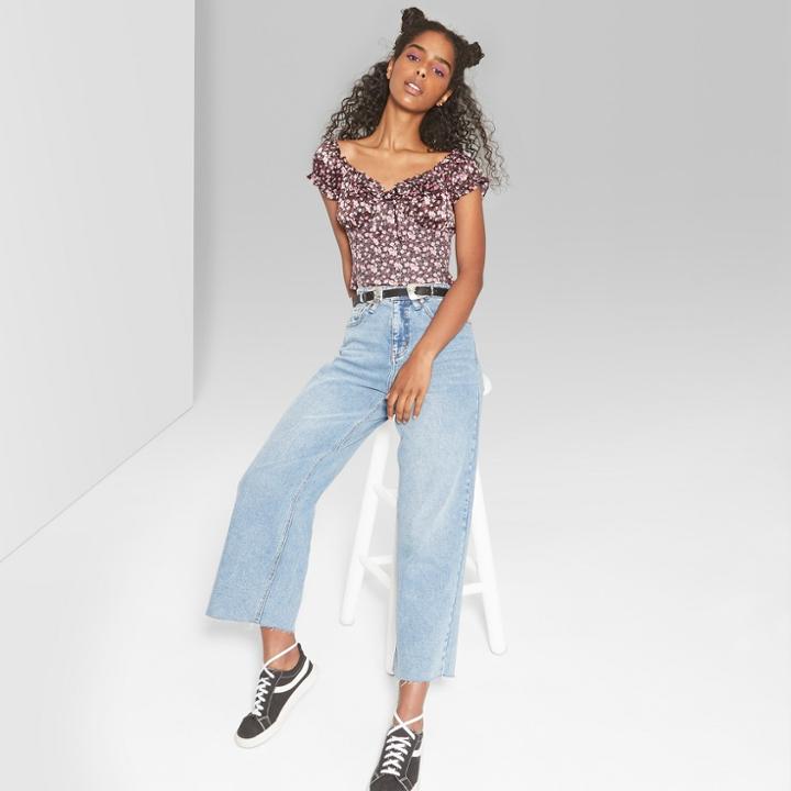 Women's Short Sleeve Off The Shoulder Floral Tie Front Crop Top - Wild Fable Floral Pink