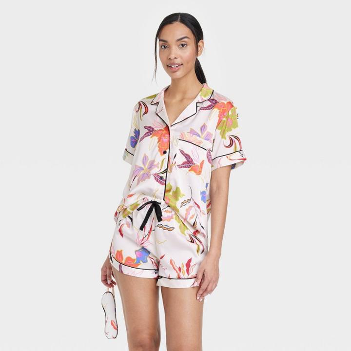 Women's 3pc Satin Notch Collar And Shorts Pajama Set - Stars Above Cream