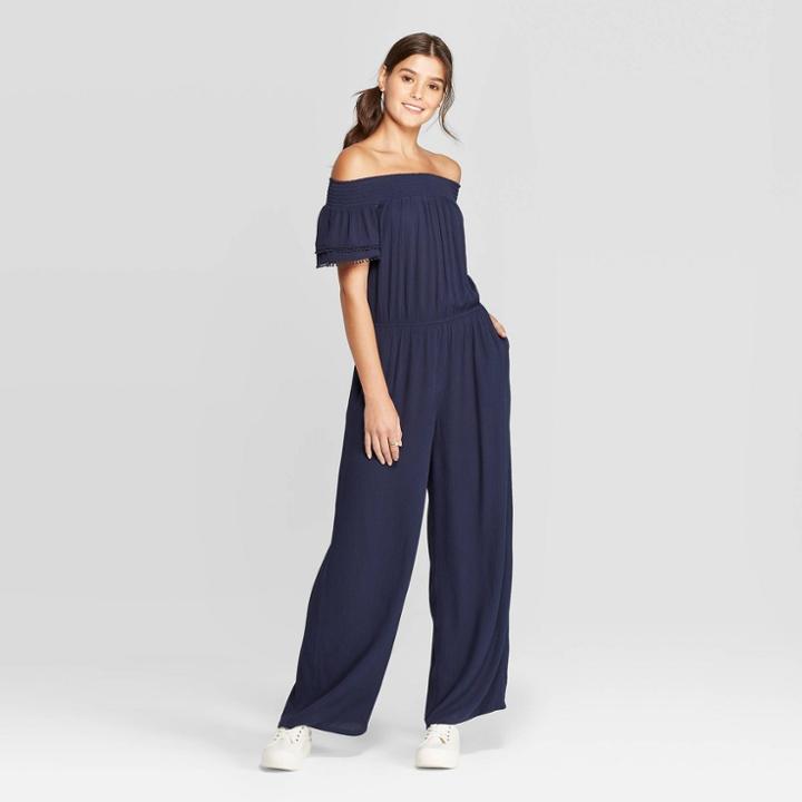 Petitewomen's Short Sleeve Off The Shoulder Jumpsuit - Xhilaration Navy Xs, Women's, Blue