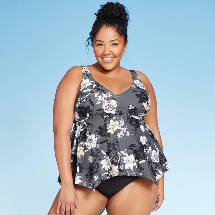 Women's Plus Size Strappy Back Tankini Top - Kona Sol Gray Floral